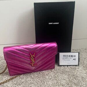 Metallic Calfskin Matelasse Chevron Monogram Envelope Chain Wallet Fuchsia